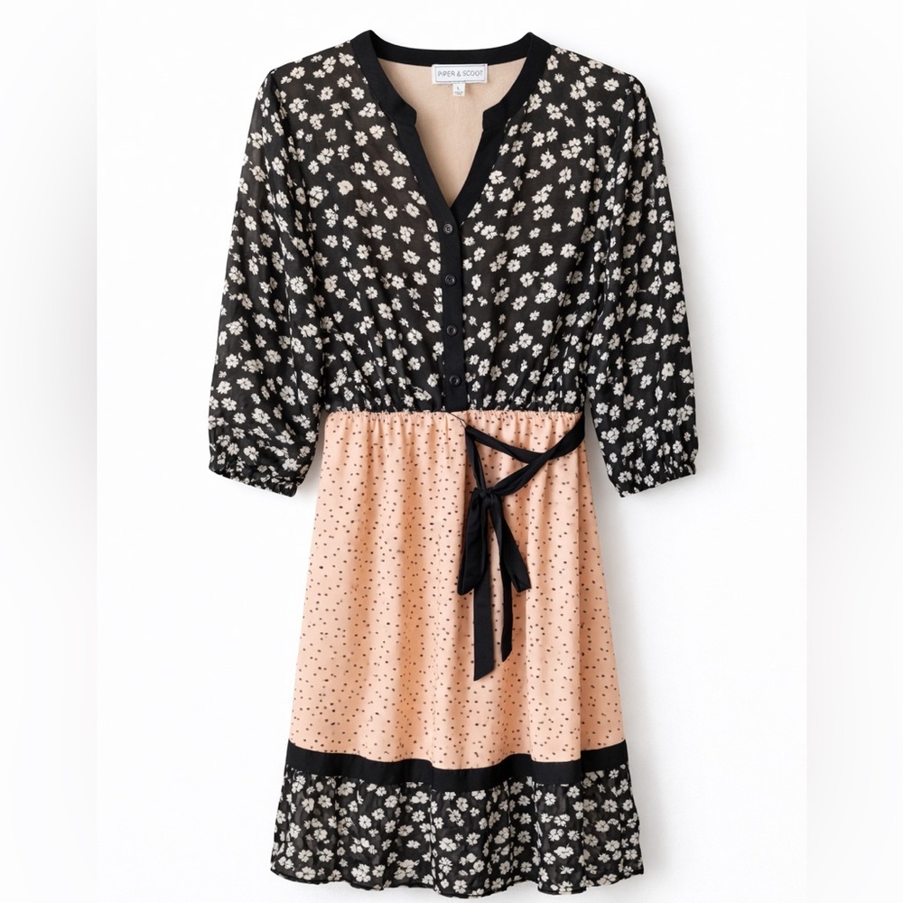 Piper & Scoot Boho Chic Mixed Floral Tie Waist Midi Dress L, Like New
